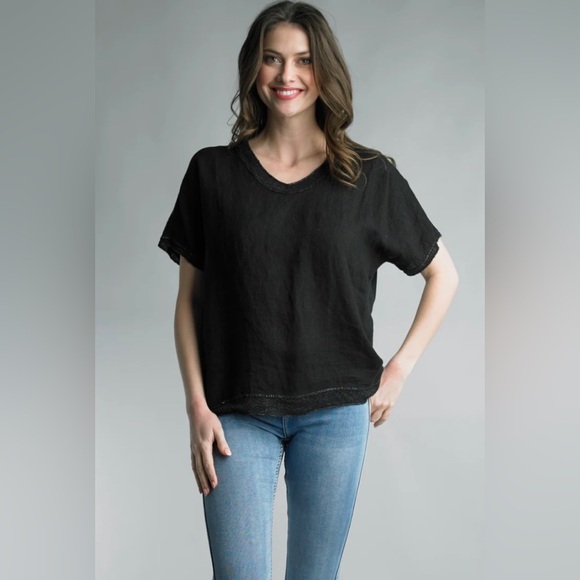 Saks Fifth Ave 100% Linen top cap sleeve blouse metallic hem made in Italy - Picture 2 of 10